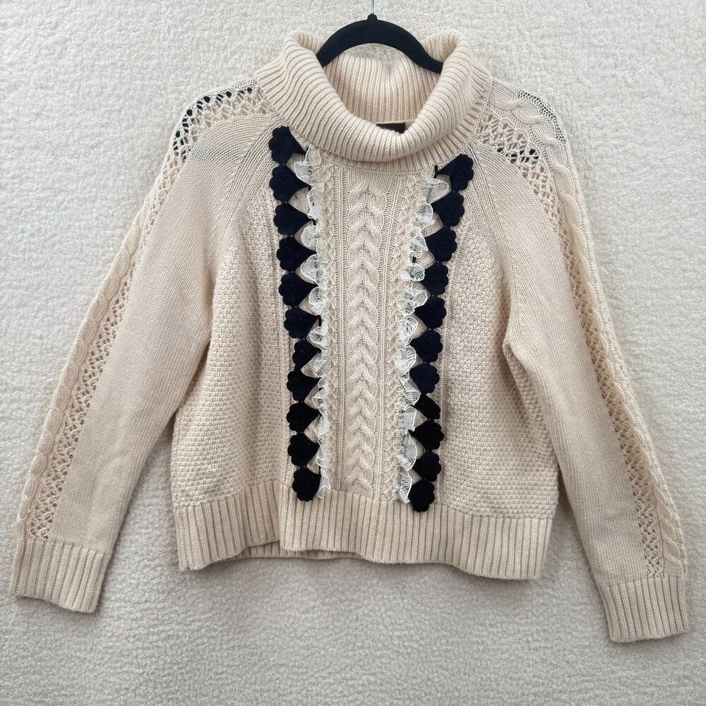 J.Crew cable knit Cowl High neck cream sweater Black lace Ruffle Wool Blend SZ M
